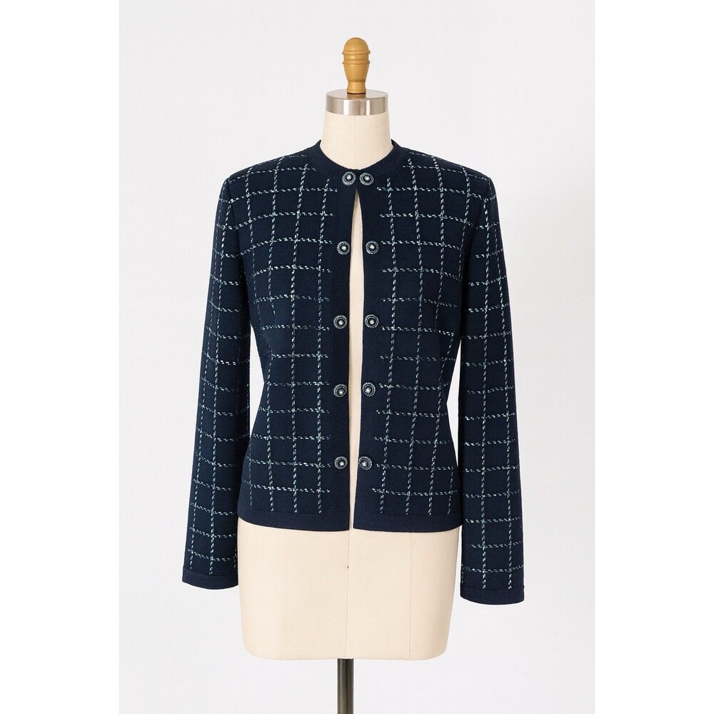 New! ST JOHN Evening Navy Blue Santana Knit Paillettes Sequins Jacket, Size 8